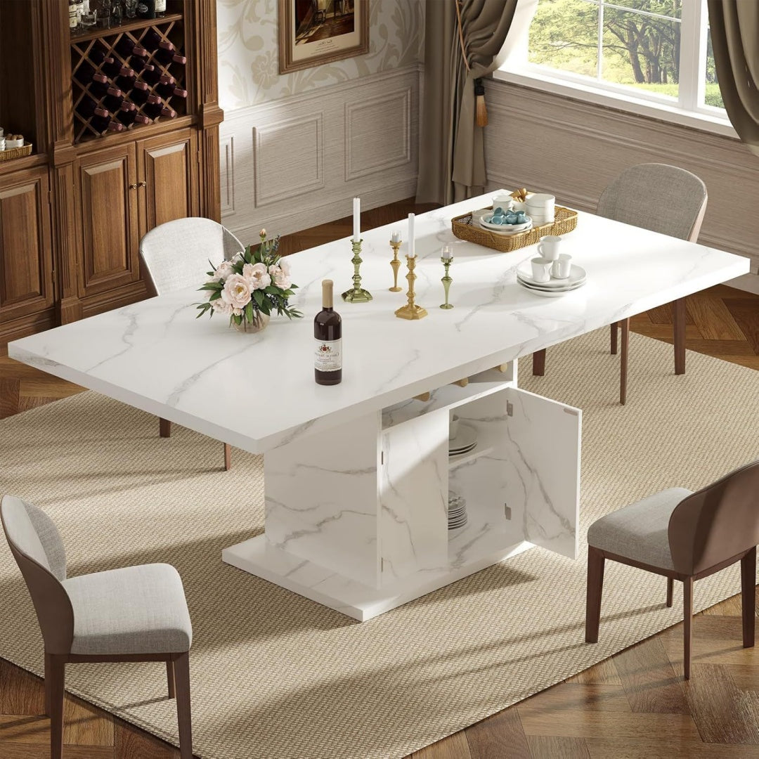 Tavolo Tavolo da pranzo Quadrato allungabile effetto marmo bianco, con portabottig