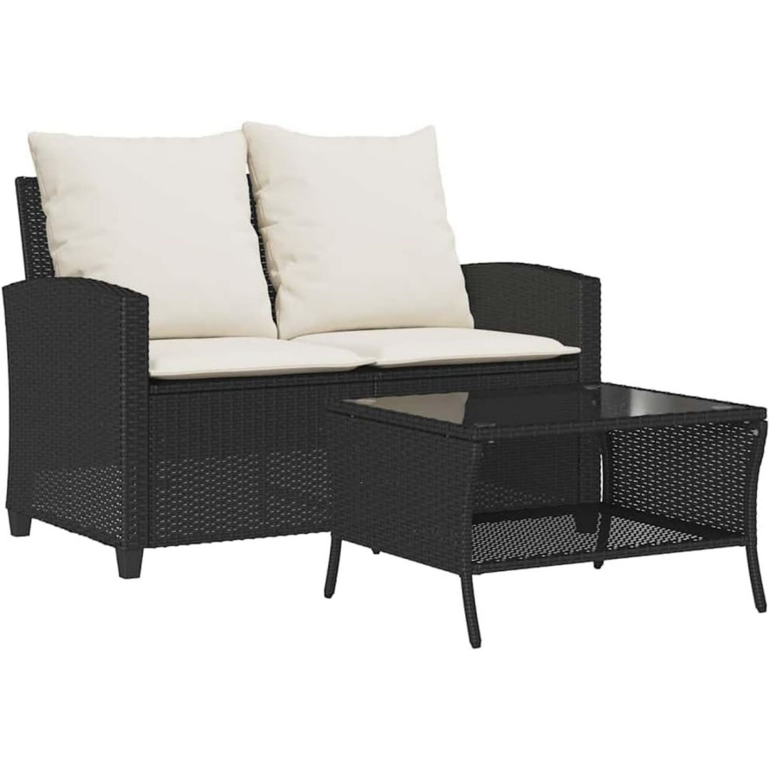 Divano Divano da Giardino a 2 Posti Cuscini&Tavolo Nero in Polyrattan