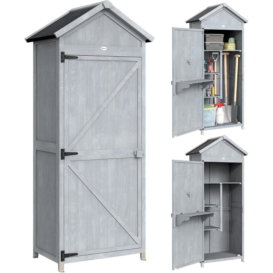 Armadio Outsunny Armadio da Giardino in Legno Abete Ripiani 77x52.5x178 cm Grigio